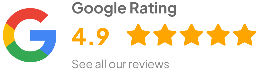 Google logo with a 4.9 star rating and five orange stars, text says 'Google Rating' and 'See all our reviews'.
