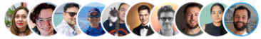 Row of diverse headshots of people smiling in circular frames with blue outlines.