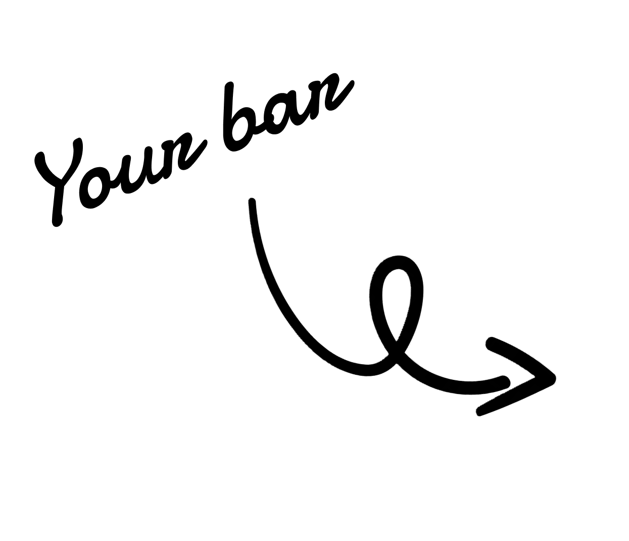 Black curved arrow looping once and pointing right on transparent background.