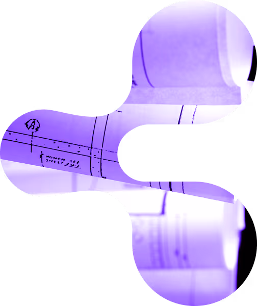 Abstract purple shapes overlaying a blurred image of a document with handwritten and printed text.