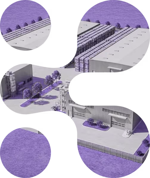 Aerial view of an industrial complex featuring warehouses, loading docks, and tree-lined walkways in a purple-tinted landscape.