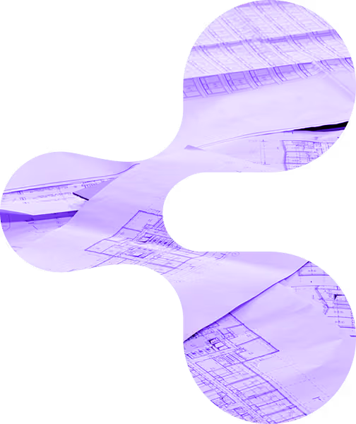 Transparent architectural blueprints visible through three interconnected circular shapes.