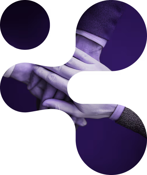 Multiple hands stacked together in a gesture of teamwork or unity, with a purple-blue color overlay and circular cutout design.