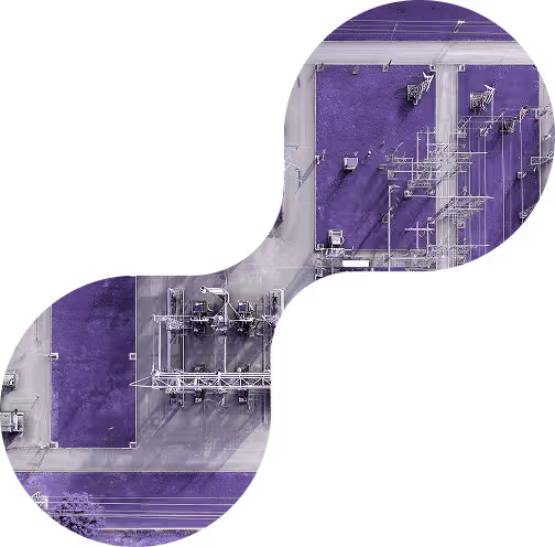 Aerial view of electrical power grid infrastructure with transmission lines and substations on purple ground.