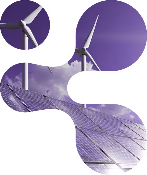 Wind turbines and solar panels under a purple sky symbolizing renewable energy sources.