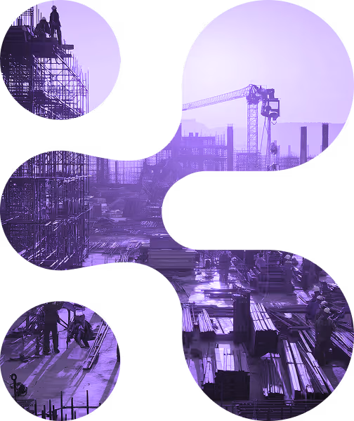 Construction site with workers, scaffolding, stacked materials, and a tower crane under a purple filter.