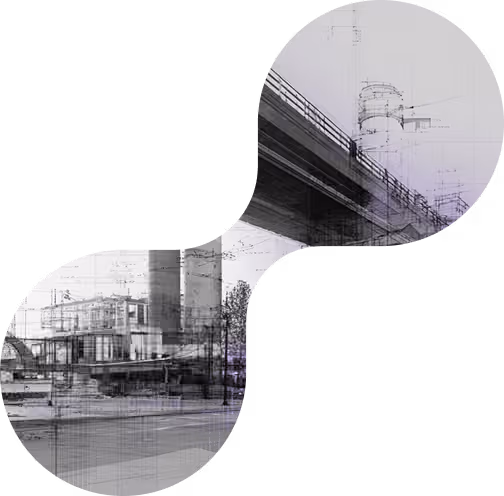 Double circular image of infrastructure: lower circle shows an industrial building with smokestacks and vehicles, upper circle shows a railway or bridge structure.