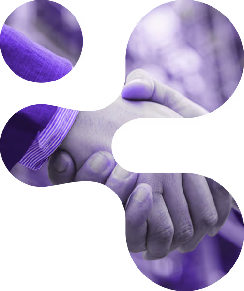 Close-up of two people shaking hands, with a purple color overlay and circular cutout design.