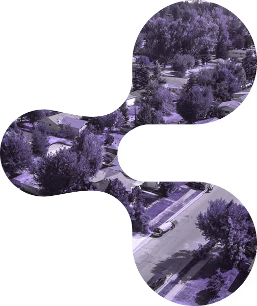 Aerial view of a residential neighborhood with houses, trees, and cars on streets, shown within three connected circular shapes.