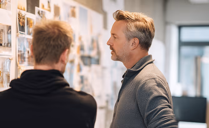Two men discussing and reviewing images and notes pinned on a wall in a collaborative workspace.