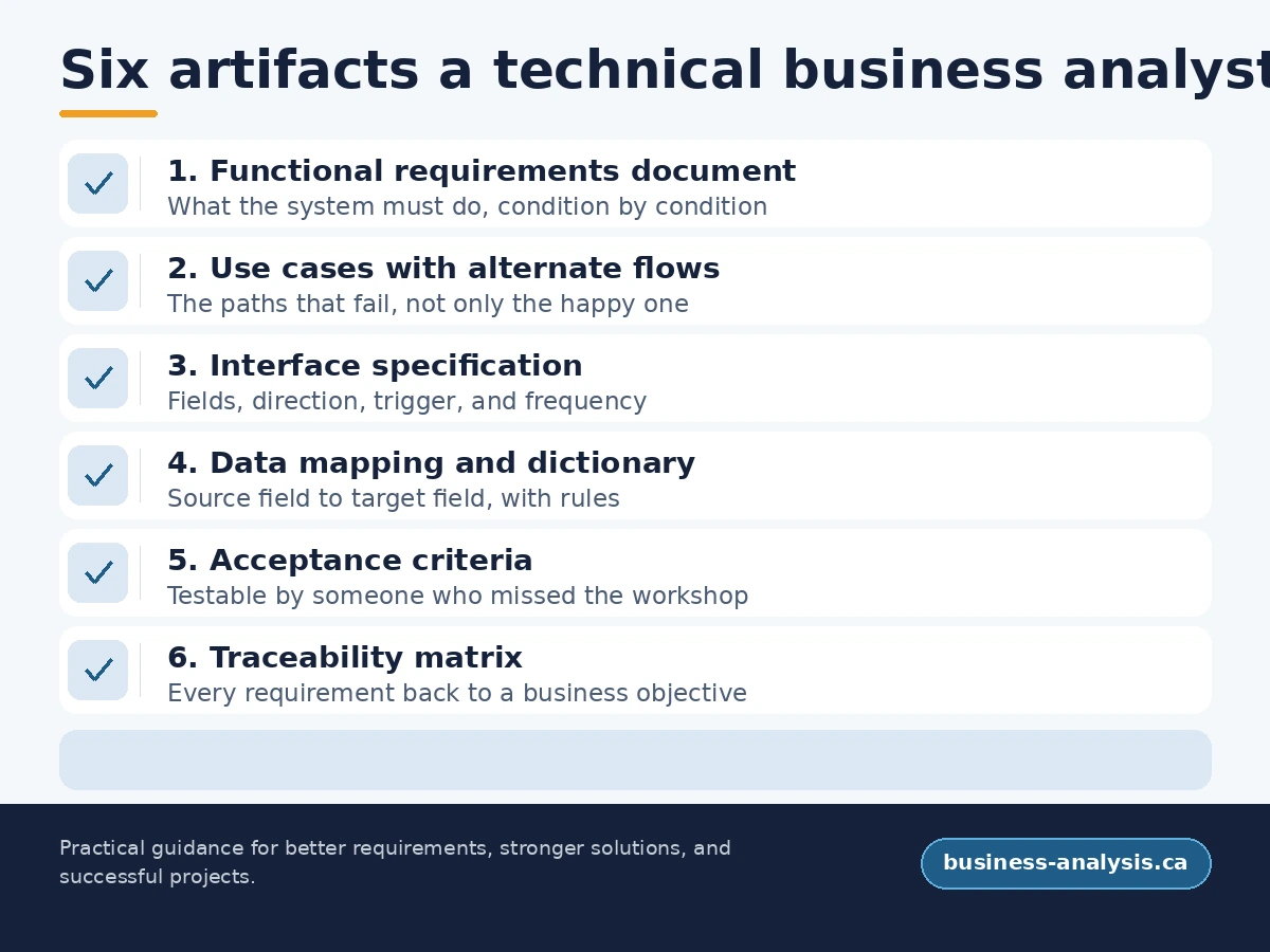 Checklist of six specification artifacts a technical business analyst produces on a complex build