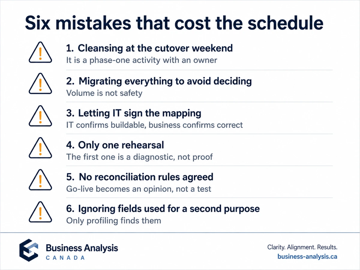 List of six common ERP migration mistakes with the correction for each.
