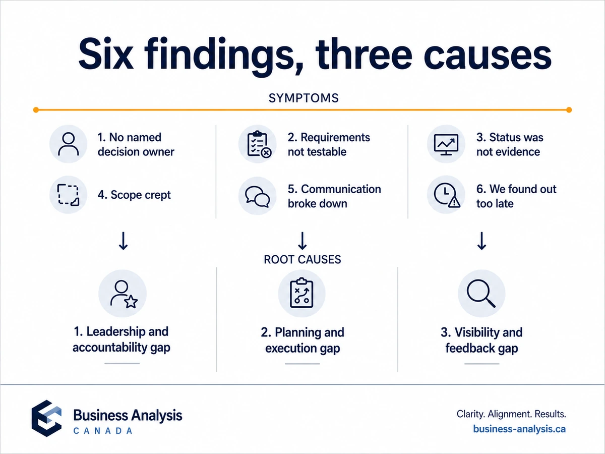 Diagram collapsing six common post-mortem findings into three root causes of IT project failure.