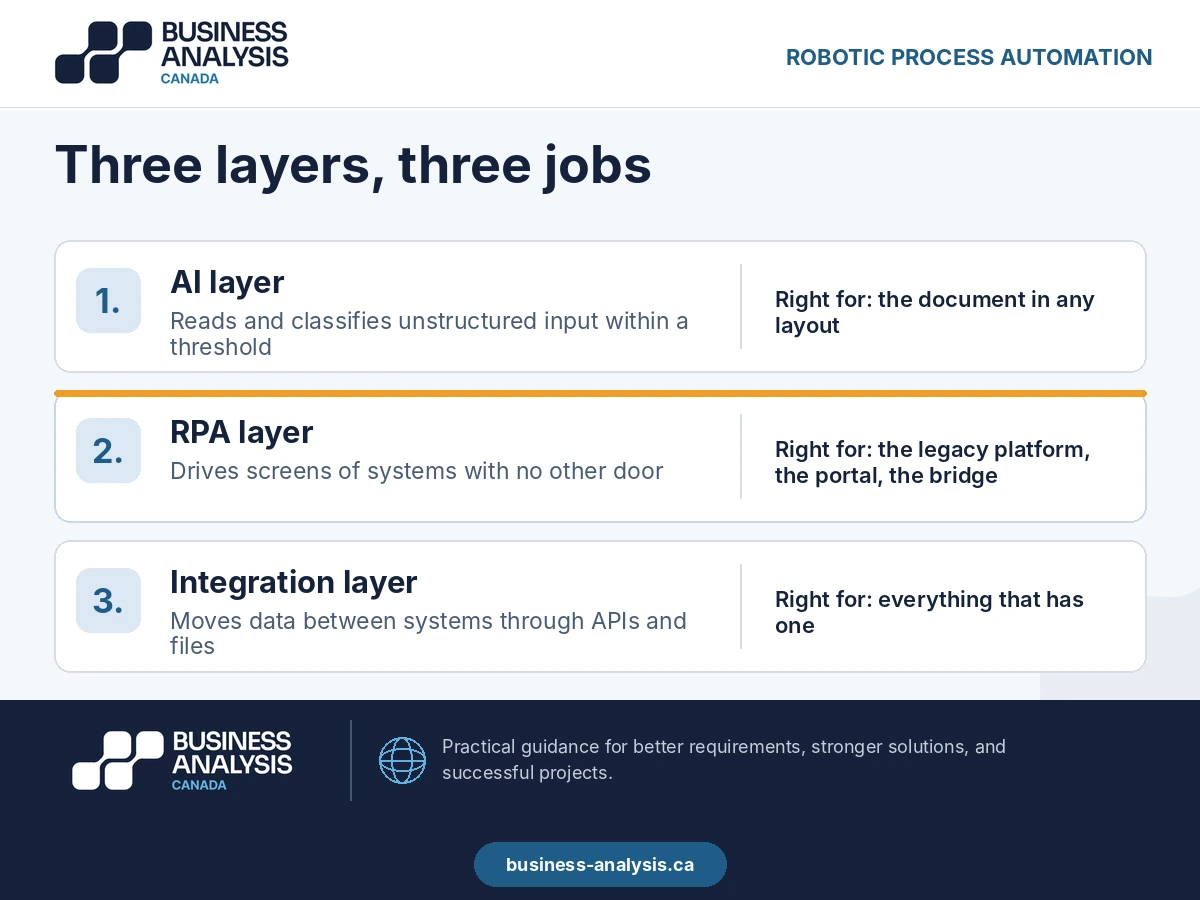 Three-layer model showing where AI, RPA, and integration each belong in an automation stack.