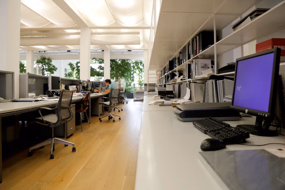 Architecture workspace filled with tropical plants and natural light.