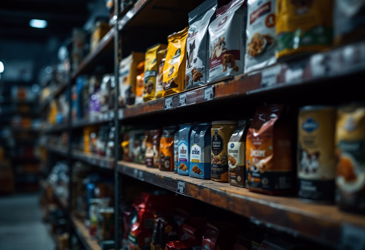 image of various pet food brands on shelves (for a pet store)