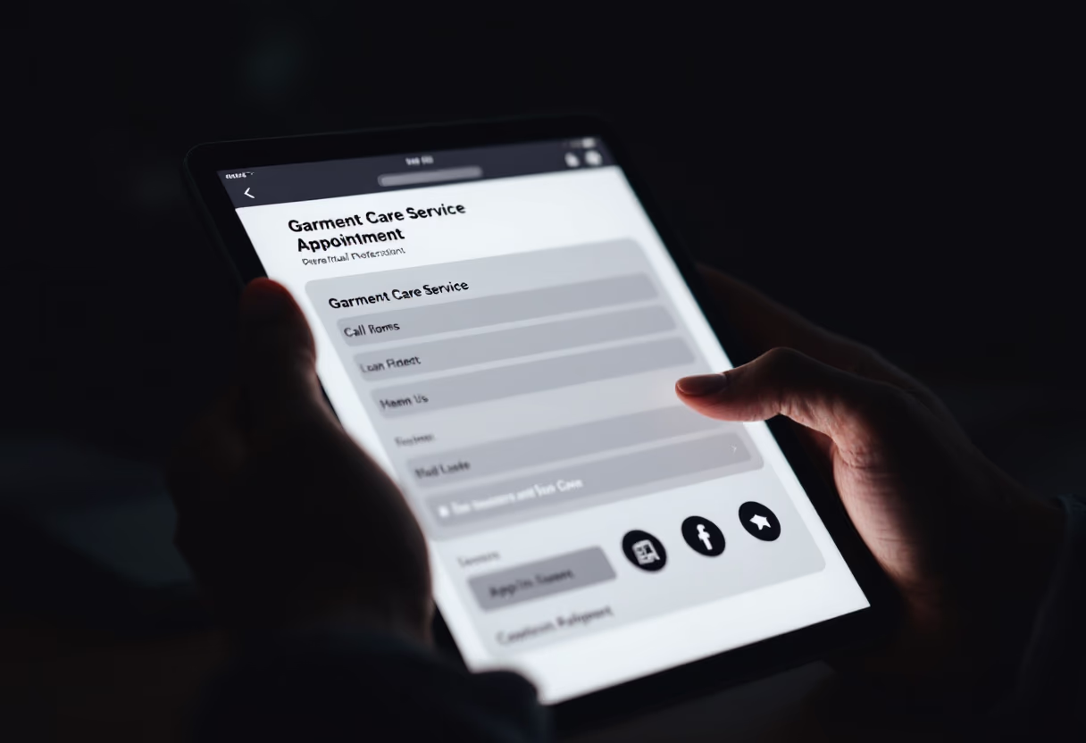 image of hands holding a tablet with appointment booking (for garment care service)