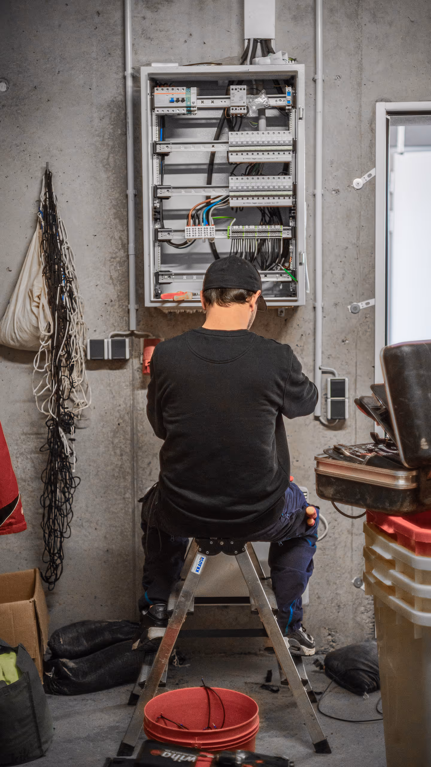 Techniker bei der Elektroinstallation an einem Schaltkasten einer Flutlichtanlage im Innenbereich