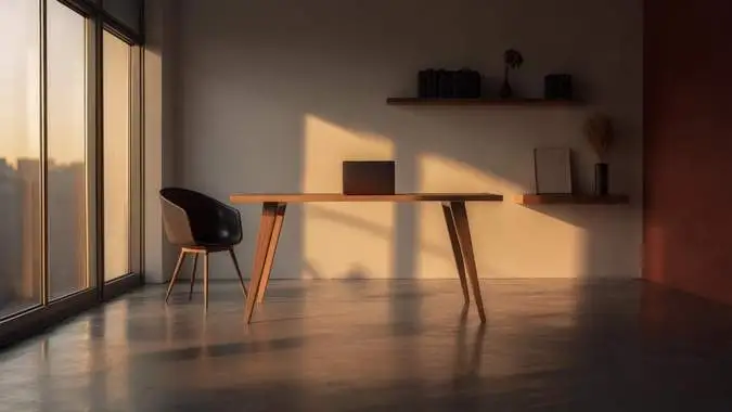 Moderner leerer Raum mit Holzstuhl, Tisch und Regalen, beleuchtet vom Sonnenlicht bei Sonnenuntergang.