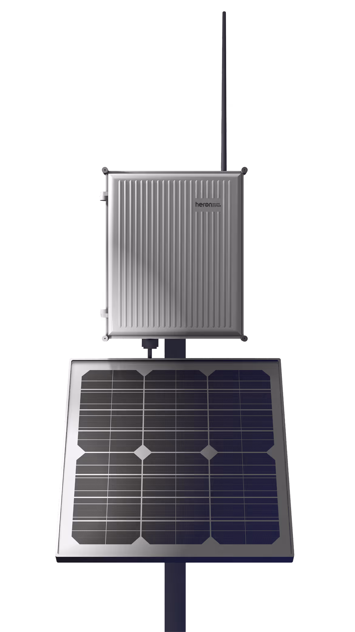 Solar panel mounted below a Heron Remote Systems device with an antenna on a pole against a black background.