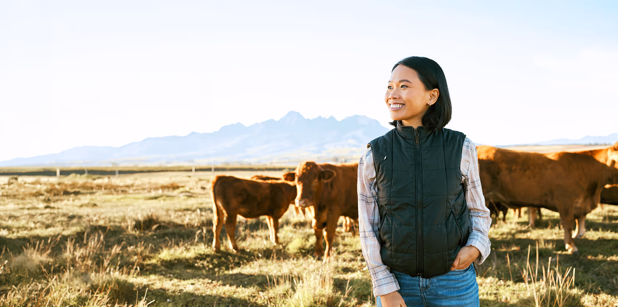Smiling woman in a black vest and plaid shirt standing in a grassy field with cows and mountains in the background.