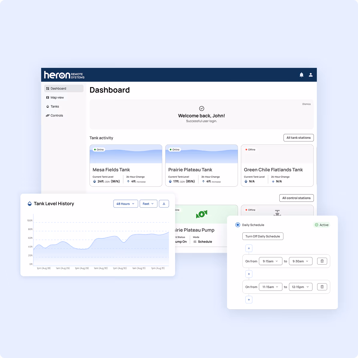 Dashboard interface for Heron Remote Systems showing tank activity, tank level history graph, pump status, and daily schedule controls.