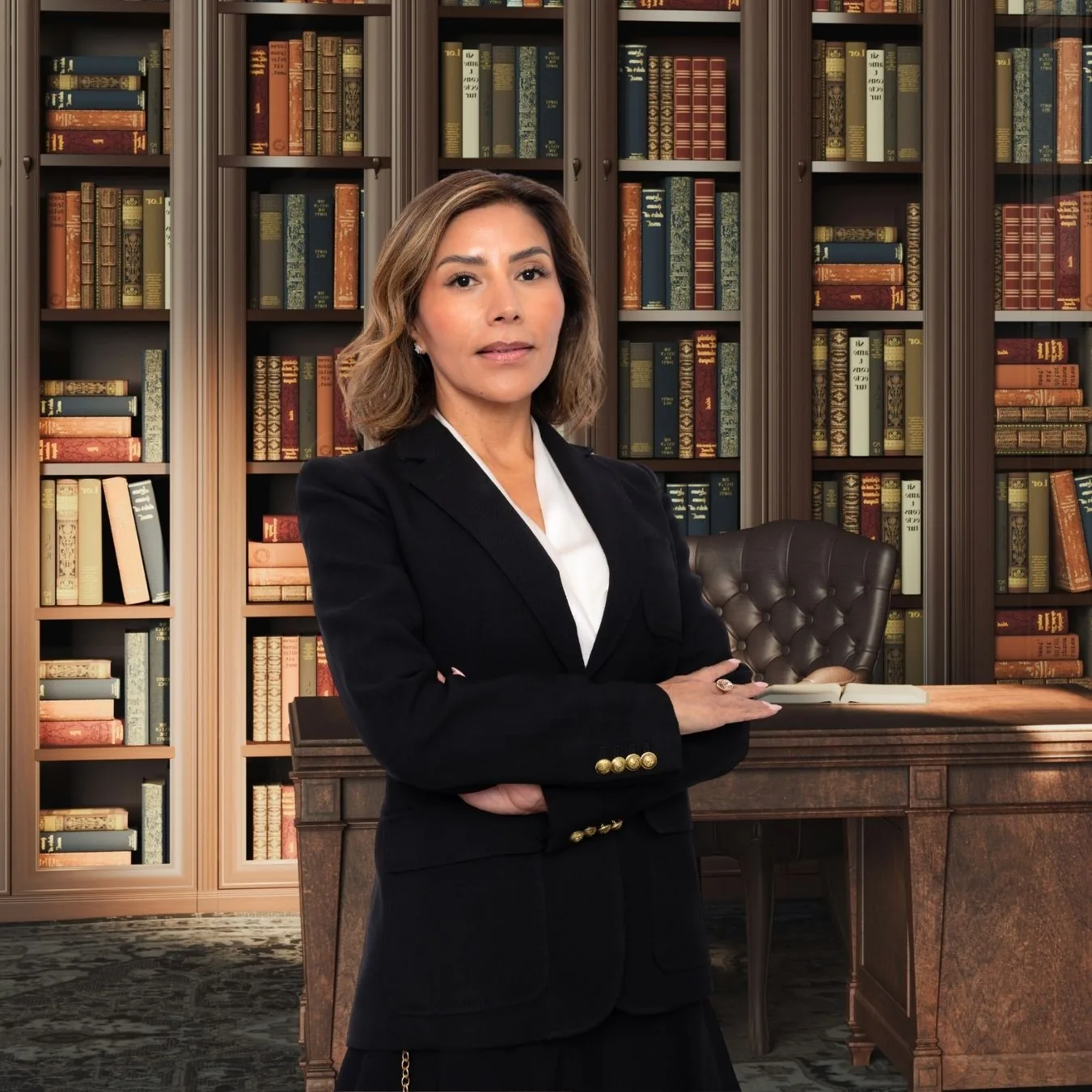 Esli Frias standing with her arms crossed in front of a bookshelf-lined office.