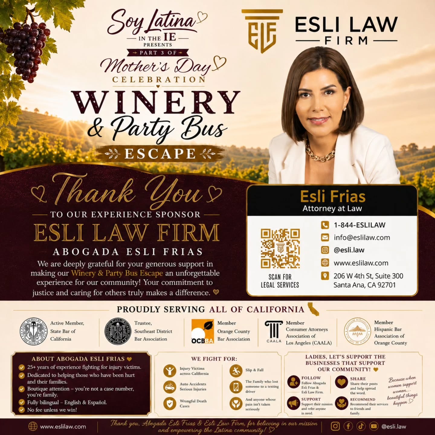 A thank-you graphic from Soy Latina in the IE naming Esli Law Firm and Abogada Esli Frias as the Experience Sponsor of the Mother's Day Winery and Party Bus Escape.
