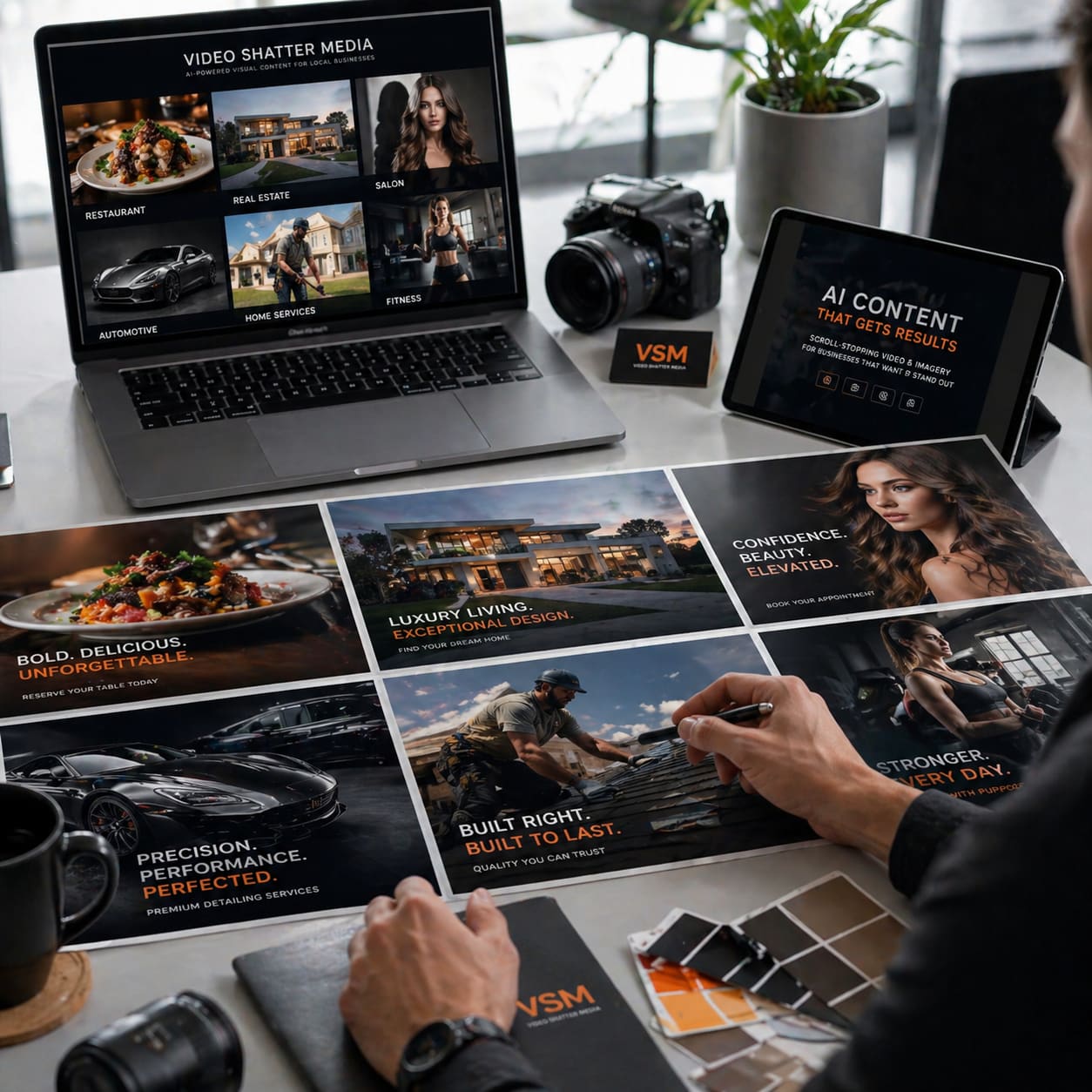 VSM digital sell sheet on laptop showing business verticals and AI content marketing samples