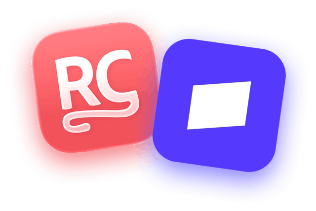 Illustration mit zwei App-Icons (RC und blaues Quadrat), die eine Integrations- oder Verbindungsprüfung zwischen zwei Systemen darstellen.