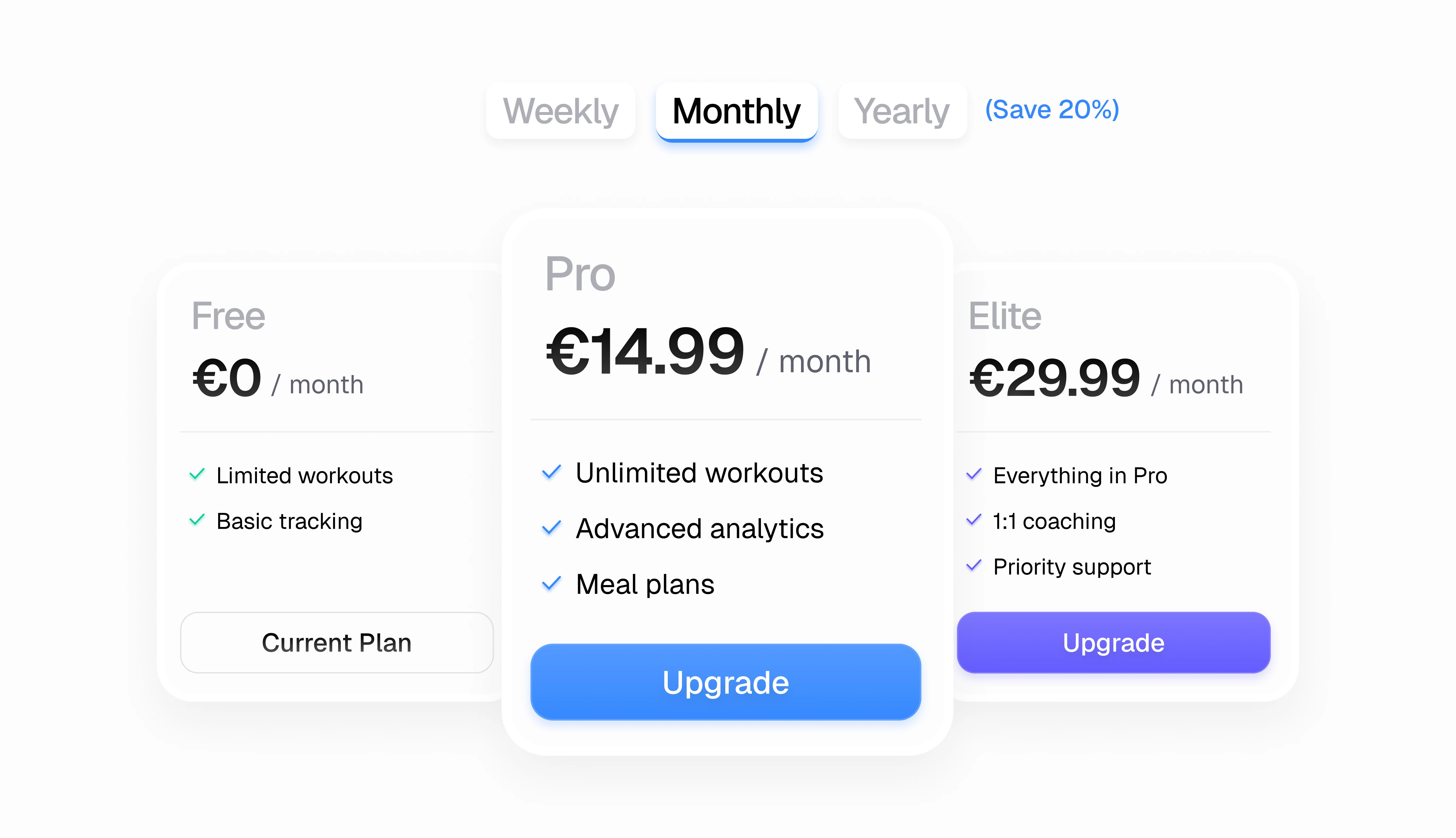 Preisübersicht mit mehreren Plan-Karten, Preisangaben pro Monat und hervorgehobener Upgrade-Option.