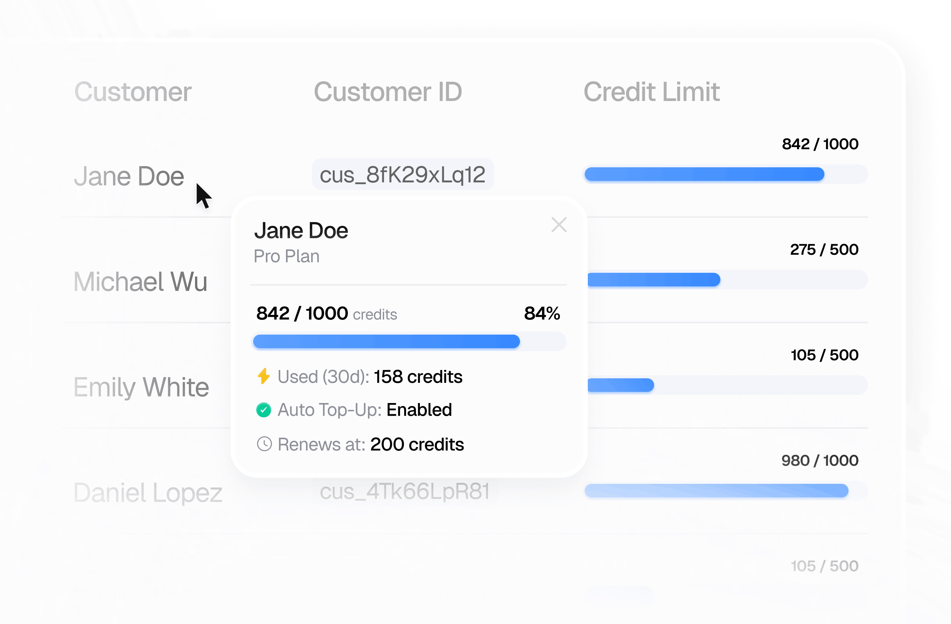 Dashboard mit Kundentabelle, Credit-Limit-Fortschrittsbalken und geöffnetem Nutzungs-Popup mit Verbrauchsdetails.