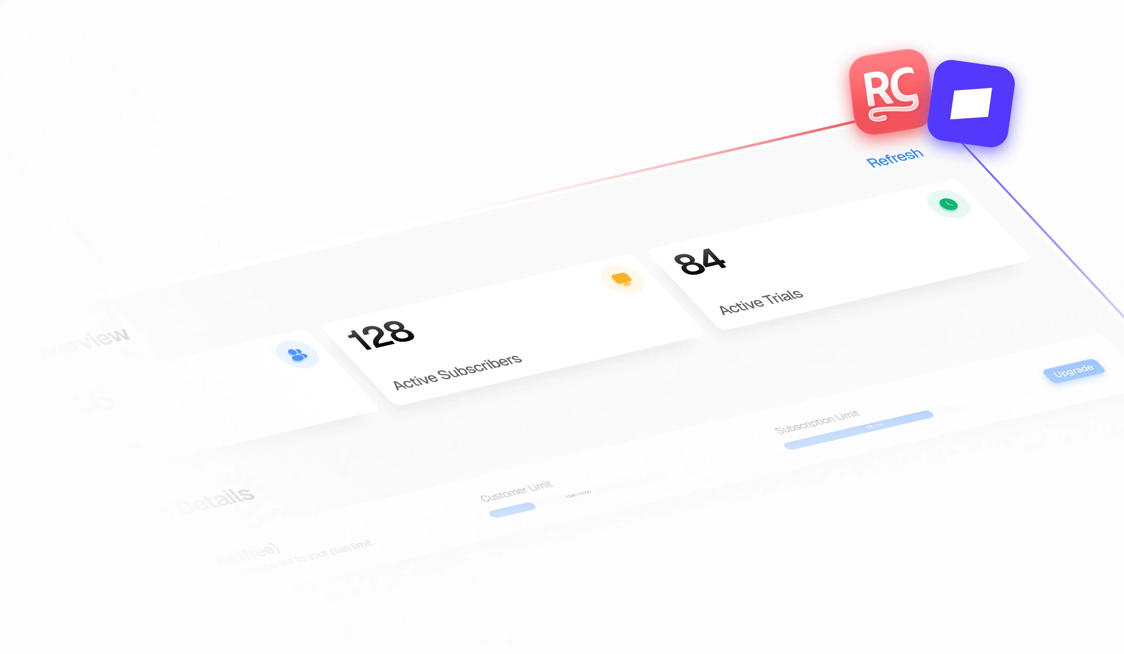Schräg dargestellte Dashboard-Ansicht mit App-Overview, Kennzahlen zu Kunden, aktiven Abonnenten und Trials sowie Navigationsleiste für Produkte und Einstellungen.