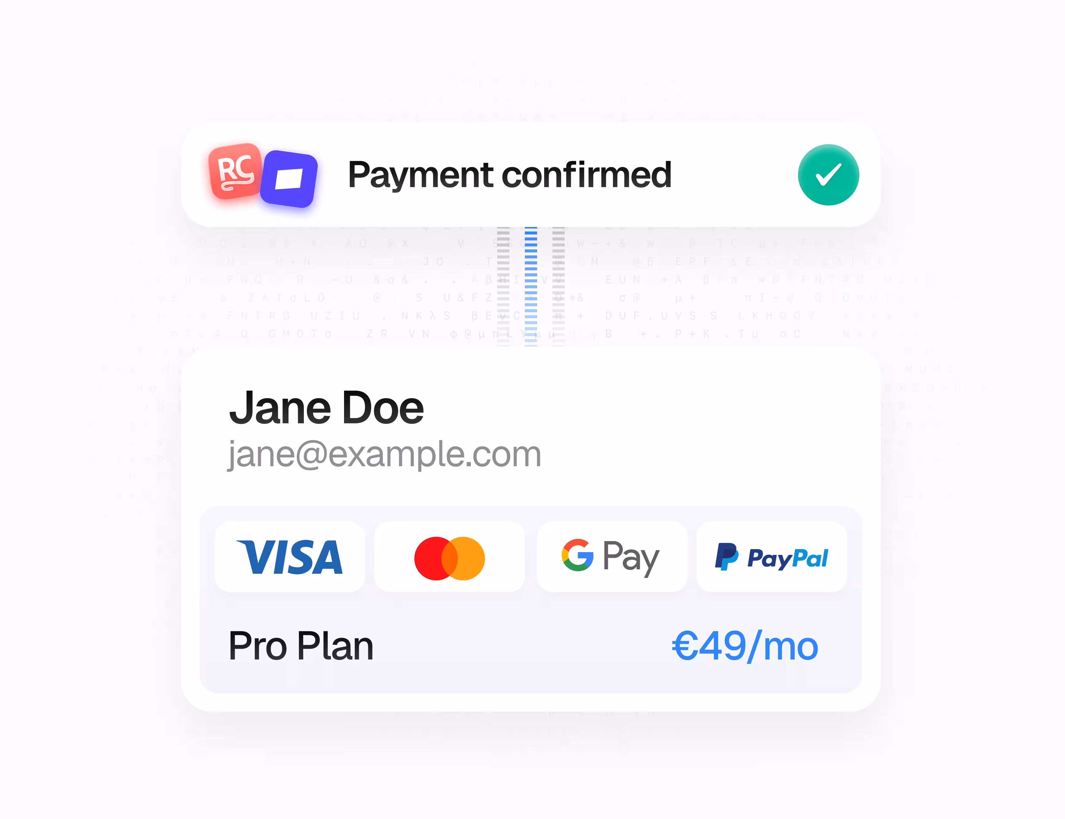 Moderner Checkout mit mehreren Zahlungsoptionen wie Kreditkarte, Google Pay oder PayPal. Nach erfolgreicher Zahlung erhält der Nutzer sofort eine Bestätigung und Zugriff auf den gebuchten Plan.