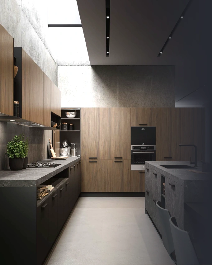 Cuisine moderne avec meubles de rangement en bois et plan de travail gris anthracite – aménagement de cuisine à Toulouse