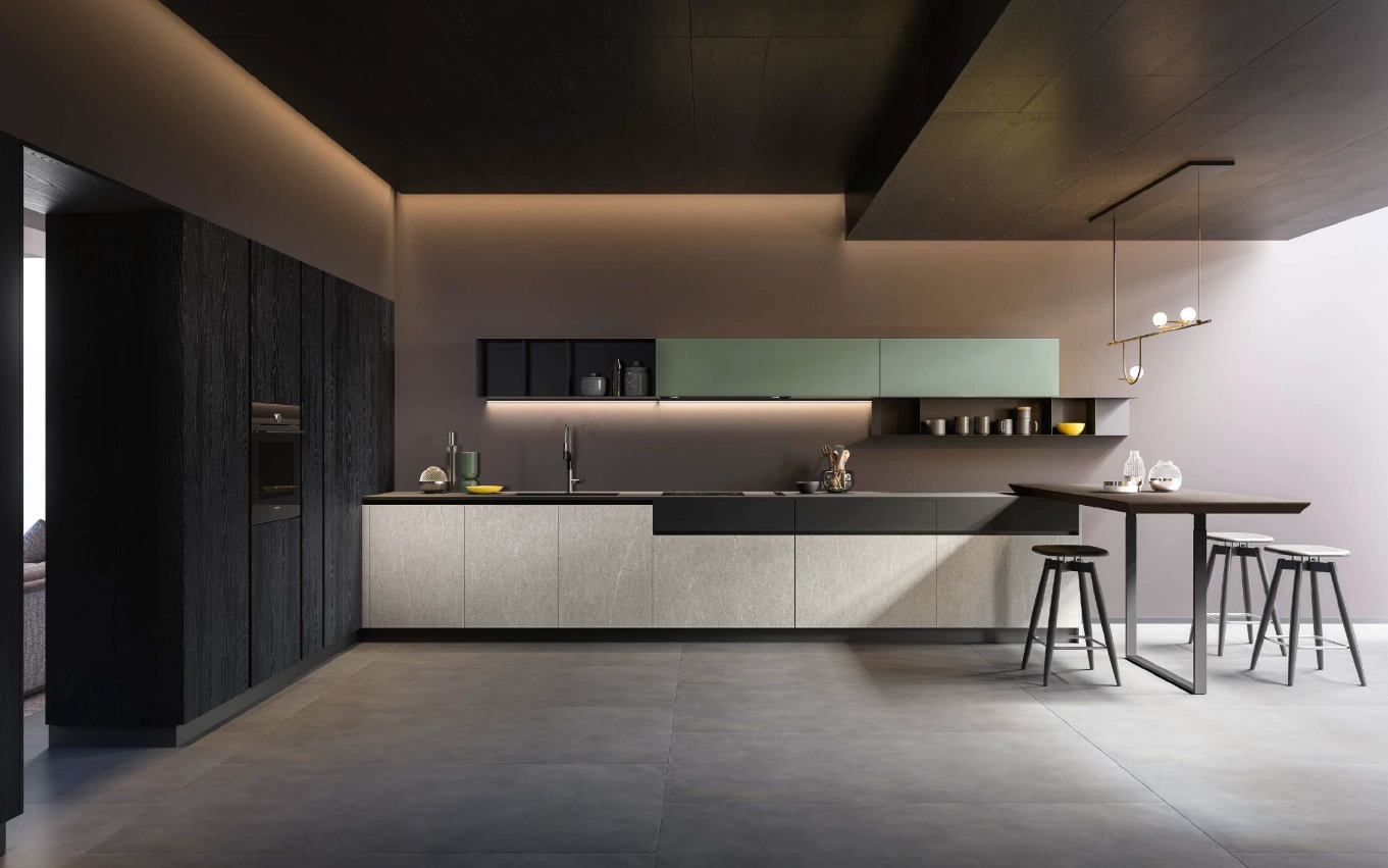 Cuisine au design sobre avec meubles bas clairs, armoires noires et éléments suspendus vert d'eau intégrant un coin repas – cuisine design toulouse