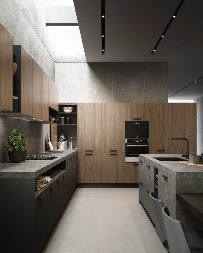 Cuisine spacieuse sous verrière avec façades en bois, meubles bas sombres et grand îlot central – cuisine sur mesure toulouse