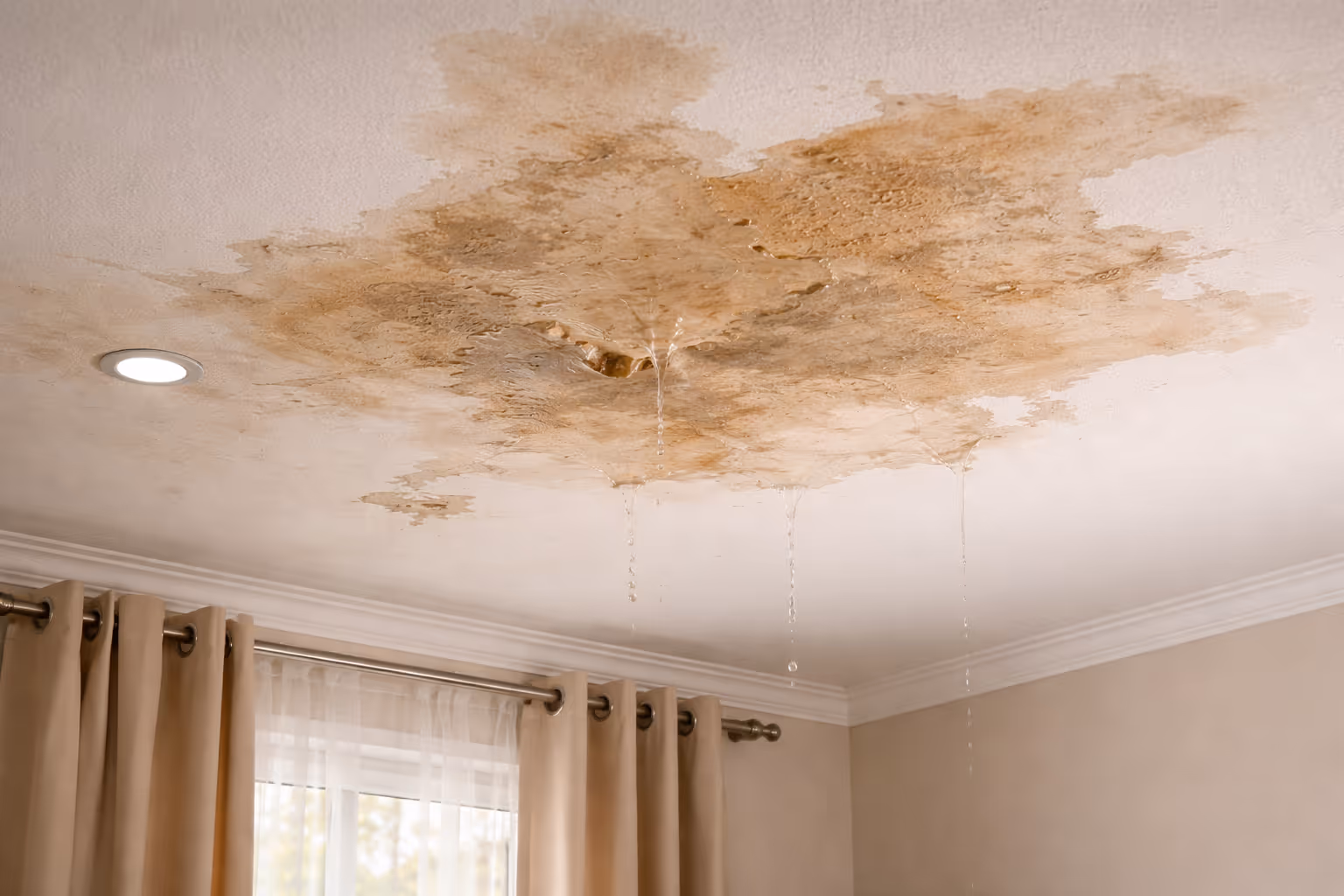 Ceiling with large water stains and multiple streams of water leaking through a bulging spot.