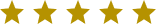 Five gold stars in a row on a transparent background.