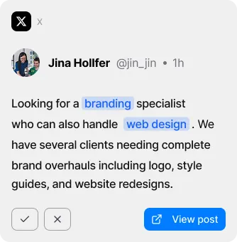 A social media post by Jina Hollfer seeking a branding specialist with web design skills for brand overhauls including logos and website redesigns.