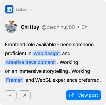 LinkedIn post by Chi Huy seeking a frontend role candidate proficient in web design, creative development, Framer, and WebGL experience.
