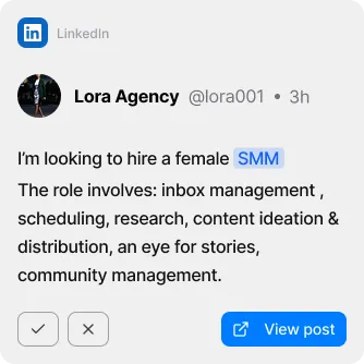 LinkedIn post by Lora Agency seeking to hire a female SMM for tasks including inbox management, scheduling, research, content ideation and distribution, storytelling, and community management.