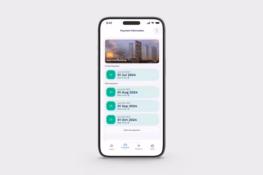 Mobile phone screen showing a payment information app for MAR CASA Building with due payments listed for July to October 2024, each 140,000 AED, with slide to pay buttons.