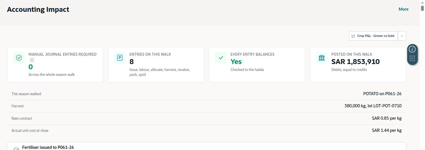 NetSuite Agriculture solution — Accounting Impact connects the crop season and harvest to a sequence of accounting events