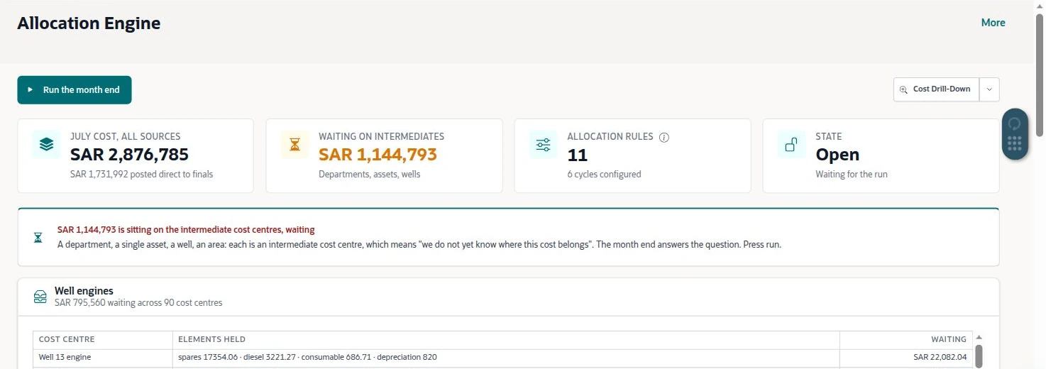 NetSuite Agriculture solution — Allocation Engine shows the open period, waiting intermediate costs and run control