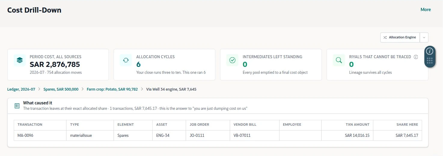 NetSuite Agriculture solution — Final trace identifies the source issue, asset, job order, vendor bill and allocated share