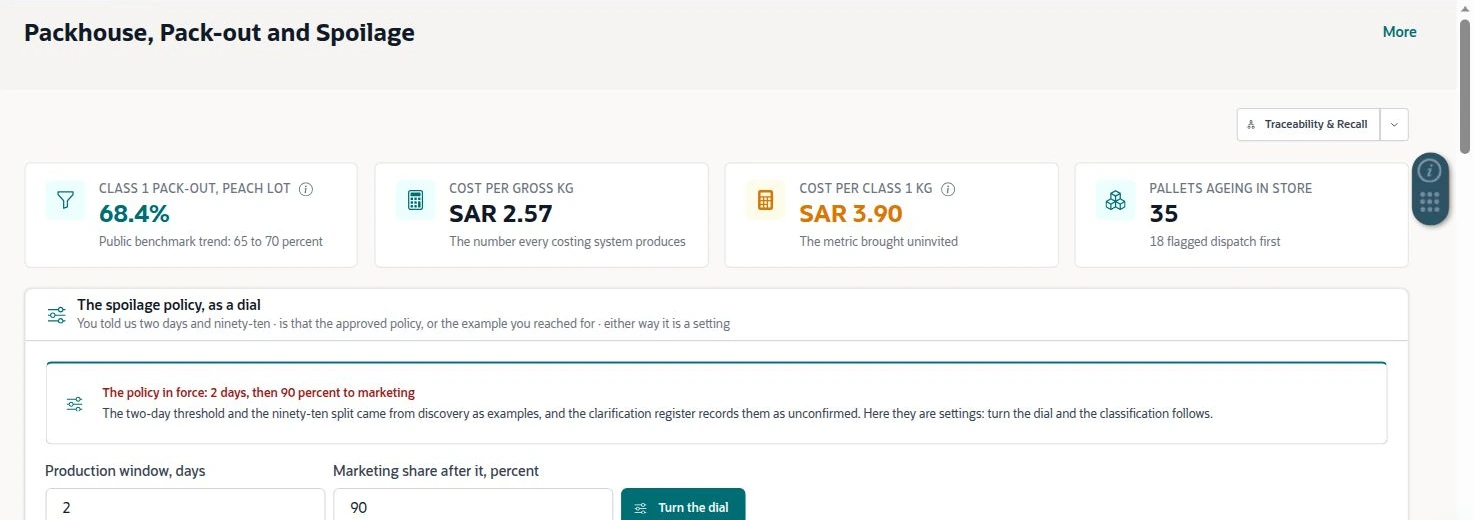 NetSuite Agriculture solution — Packhouse metrics show gross and Class 1 unit costs alongside the configurable spoilage policy