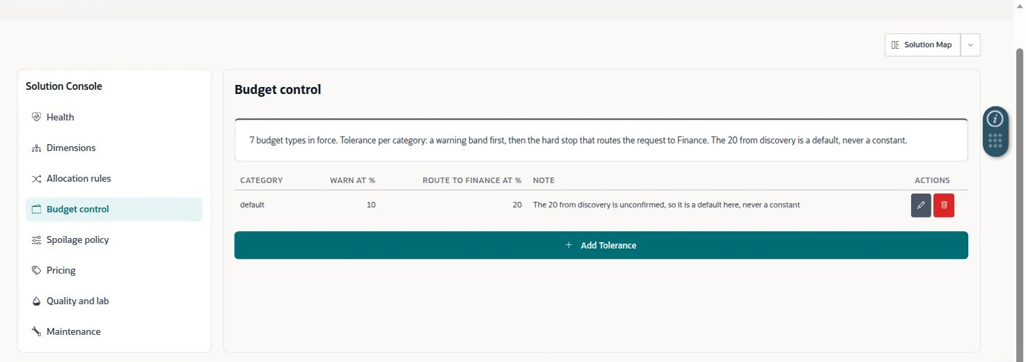 NetSuite Agriculture solution — Budget tolerance settings identify the example warning and routing thresholds