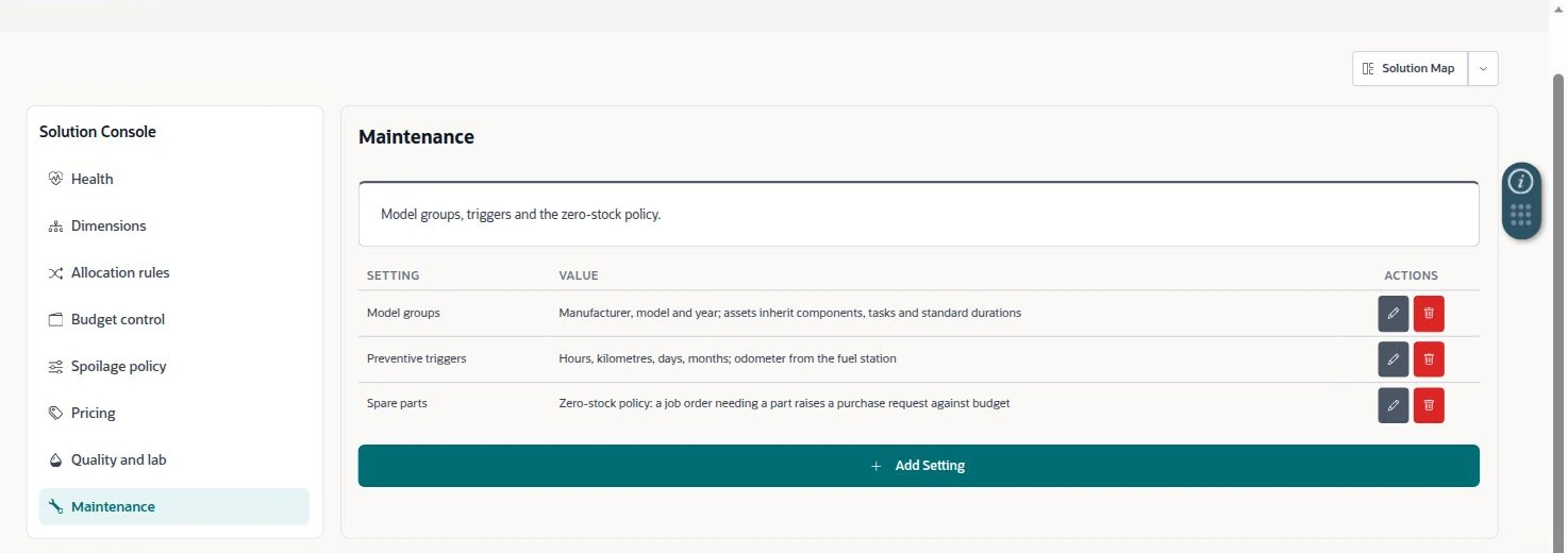 NetSuite Agriculture solution — Maintenance settings describe model groups, preventive triggers and spare-parts policy