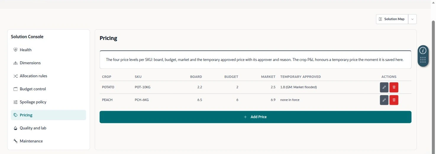 NetSuite Agriculture solution — Pricing register retains the four price levels and temporary-price reason